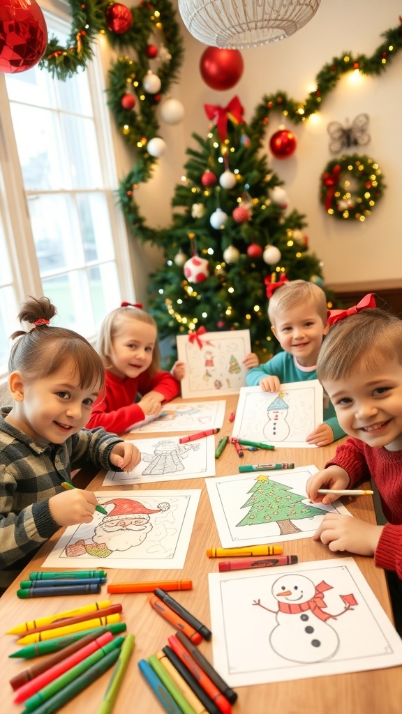 Christmas Coloring Pages for Kids Children happily coloring Christmas pages with crayons at a festive table.